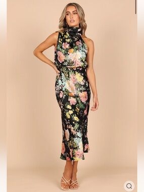 Petal & Pup Black Floral Halter Midi Dress with Pink and Yellow Blooms